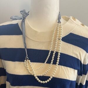J. Crew Pearl Necklace with Navy Gingham Ribbon
